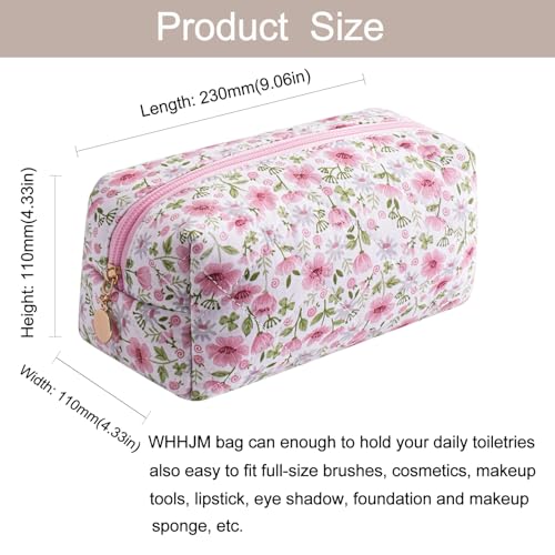 Cute Floral Makeup Bag Small Cotton Quilted Cosmetic Bag, Aesthetic Essential Bag Emergency Bag Gift for Women Girls Travel Accessories (Pink Big Flowers) - color: Pink Big Flowers
