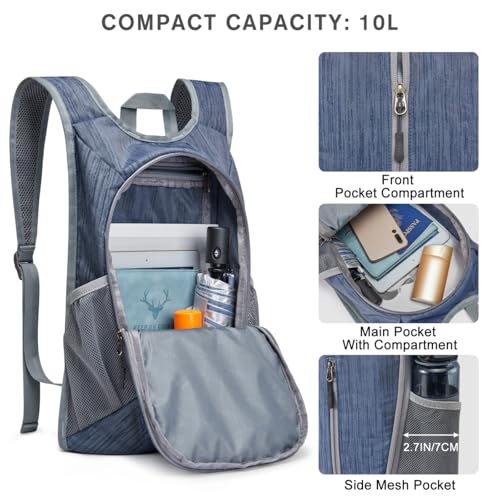 G4Free 10L Hiking Backpack Small Travel Hiking Daypack Lightweight Packable Backpack Casual Foldable Shoulder Bag | Lightweight Packable Daypack, Casual Foldable Shoulder Bag - color: Dark Blue