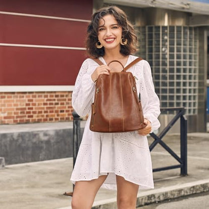S-ZONE Leather Backpack Purses for Women Antitheft Rucksack Shoulder Bag Medium - color: 4-cognac