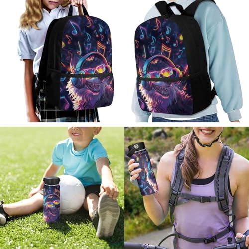 ZOUTAIRONG Boys Backpack and Insulated Thermos Cup Trendy Casual Bookbags with Side Pockets Music Wolf Printed School Bags and Water Bottle - color: Music Wolf