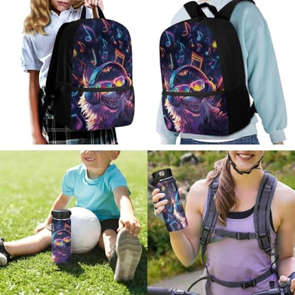 ZOUTAIRONG Boys Backpack and Insulated Thermos Cup Trendy Casual Bookbags with Side Pockets Music Wolf Printed School Bags and Water Bottle - color: Music Wolf