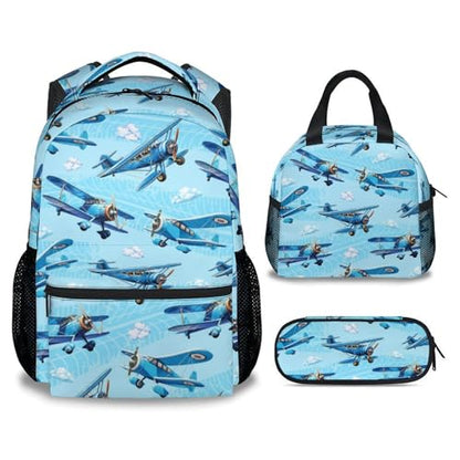 Kids Backpack with Lunch Bag and Pencil Case - 3Pcs Airplane Backpacks Set for Boys - Durable Toddler Bookbag for Kindergarten, Primary & Elementary (17 Inch) - color: Light Blue