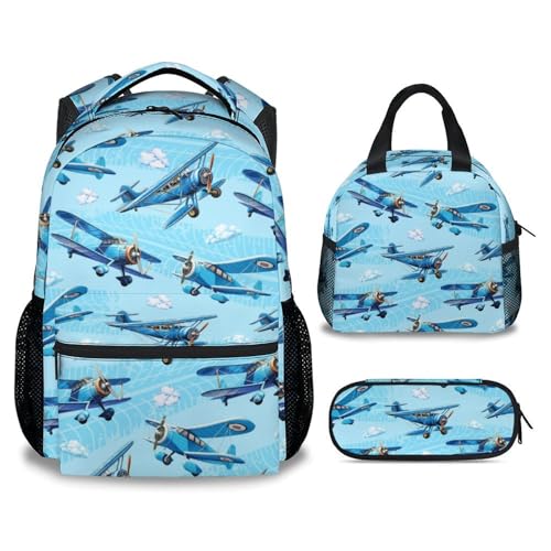 Kids Backpack with Lunch Bag and Pencil Case - 3Pcs Airplane Backpacks Set for Boys - Durable Toddler Bookbag for Kindergarten, Primary & Elementary (17 Inch) - color: Light Blue