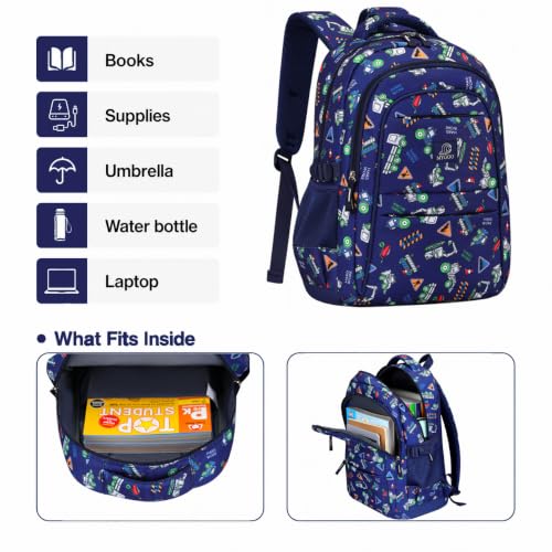 MYGOO Boys School Backpack Euclid Truck Blue Bookbag for Elementary Middle School Ages 5-12, 17 inch Large Capacity 24L Kids Student Travel Bags - color: Euclid Truck Blue