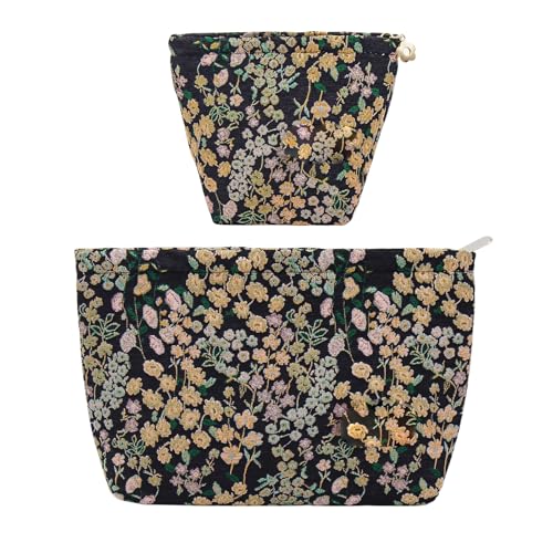 getgto 2 Pcs Makeup Bags, Large Cosmetic Bag Travel Toiletry Bag Organizer for Women, Embroidery Craft, Floral Makeup Bag Small Cosmetic Pouch Purse with Zipper Gifts for Girls Teen - color: Gypsophila