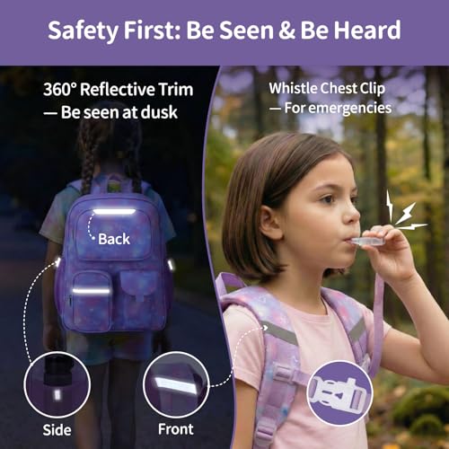 Kids Backpack for Girls - 17 Inch School Bookbag for Grades 3-5 | Elementary Girls Backpack Ages 8-10, Fits Binder Laptop, Reflective Strips, Chest Straps, Comfort Padded S-Straps, Purple - color: Dreamy Purple