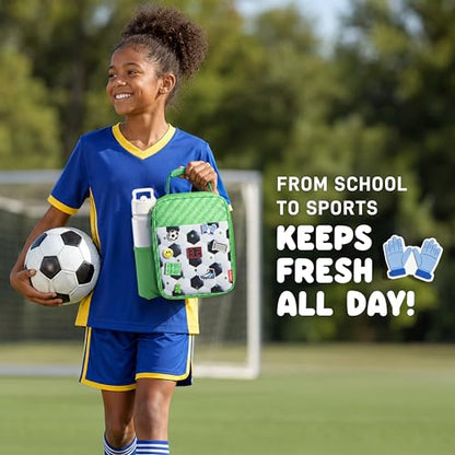 Fit & Fresh Customizable Charm Lunch Bag for Boys & Girls, Soccer Kids Lunch Box with 6 Sports Charms, Premium Insulated Reusable Lunch Tote for School - color: Pitch Break Soccer
