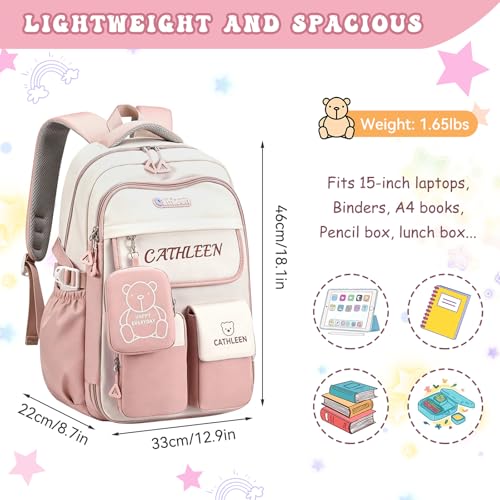 Kids Backpack for Girls,Preppy Bookbag for Elementary & Middle School Students,Cute School Bag with Large Capacity,18 Inch,Pink - color: Pink White