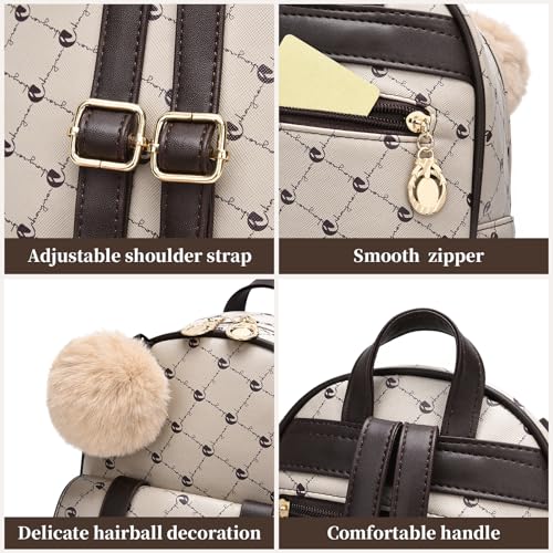 I IHAYNER Girls Fashion Backpack Mini Backpack Purse for Women Teenage Girls Purses PU Leather Pompom Backpack Shoulder Bag - color: Khaki