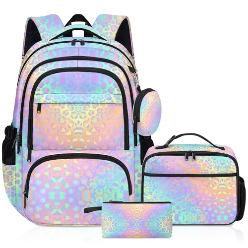 Leopard Print Backpack for Girls, Girls Backpacks with Lunch Box and Pencil Case for School, Kids Leopard Bookbag - color: Leopard