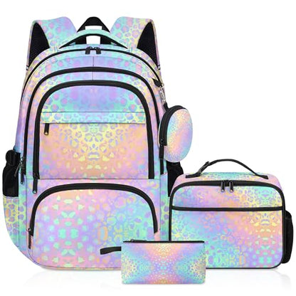 Leopard Print Backpack for Girls, Girls Backpacks with Lunch Box and Pencil Case for School, Kids Leopard Bookbag - color: Leopard