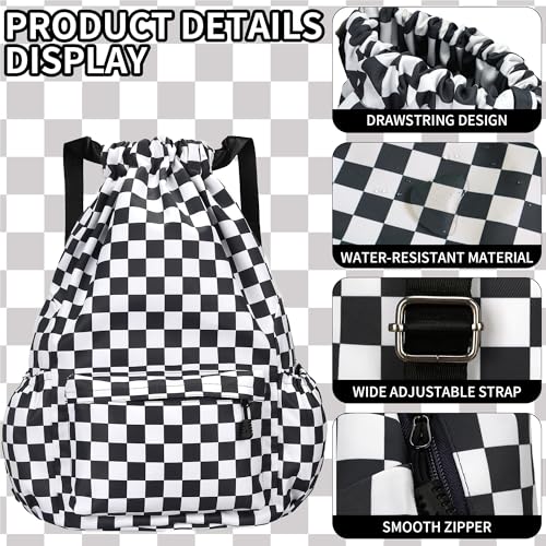 Drawstring Backpack for Women Drawstring Gym Bag Water Resistant Small Cinch Sack Pull String Backpack Bag (Checkered-Black) - color: Checkered-black