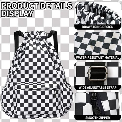 Drawstring Backpack for Women Drawstring Gym Bag Water Resistant Small Cinch Sack Pull String Backpack Bag (Checkered-Black) - color: Checkered-black