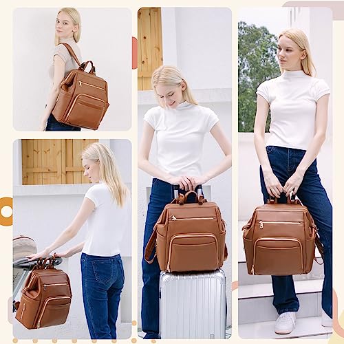 Omanmoli Diaper Bag Backpack Leather Large Baby Diaper Bag Essentials With 18 Organizing Pockets,6 Insulated Pockets,USB Charging Port,Stroller Straps,Changing Pad (Brown) - color: Brown