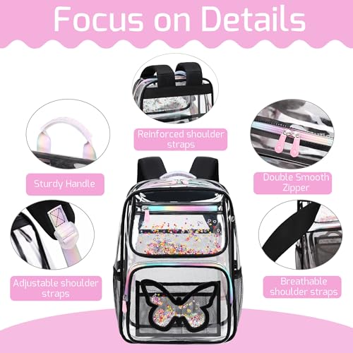 Clear Backpack for Girls,Transparent Backpacks Crossbody Bag for Kids Heavy Duty See Through School Bag Clear Bookbag (Black1, Large) - color: Black1