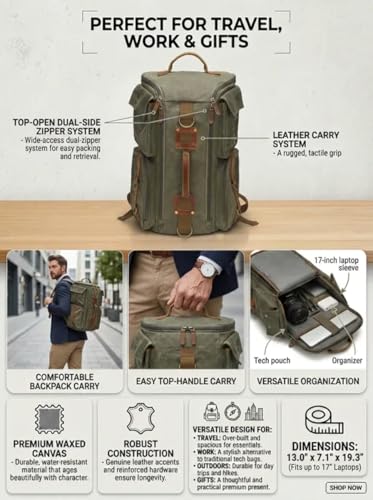 Heavy-Duty Waxed Canvas Backpack for Men, 17 Inch Laptop Rucksack with Genuine Leather, Multi-Pocket Travel Bag for Work, Hiking, and Camping - color: Army Green