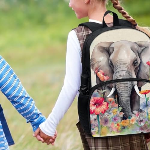 Talayituse Elephant Flower Print Backpack for Kids Girls Boys, Travel Backpack Lightweight Waterproof School Bag Student Bookbag Laptop Backpack with Zippe Pocket - color: Elephant Flower