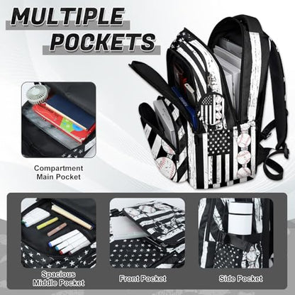 Baseball Backpack Set for Boys, Kids American Flag Backpack for School with Lunch Box and Pencil Case Coin Purse, School Bookbag for Boys - color: Baseball