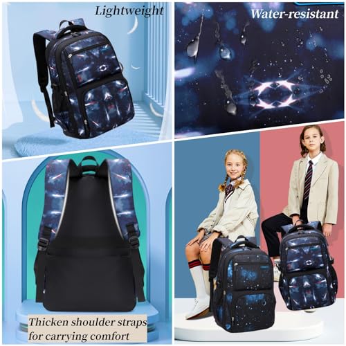 MITOWERMI Boys Backpacks for Primary Junior School Kids Backpack with Lunch Box Galaxy Space Bookbags for Boys Girls - color: #01 Black-blue Galaxy, style: 3 Pcs Set Backpack