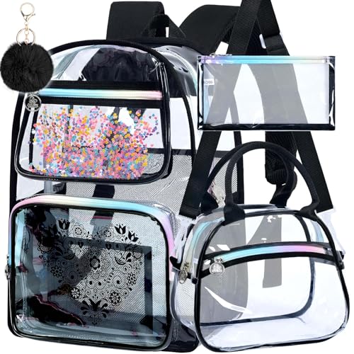 gxtvo 3PCS Clear Backpack, Women’s Sequins Transparent Bookbag Set, Cute Heavy Duty See-Through School Bag for Teens and Elementary Students – Flower Black Love - color: Flower Black Love Clear Backpack Set
