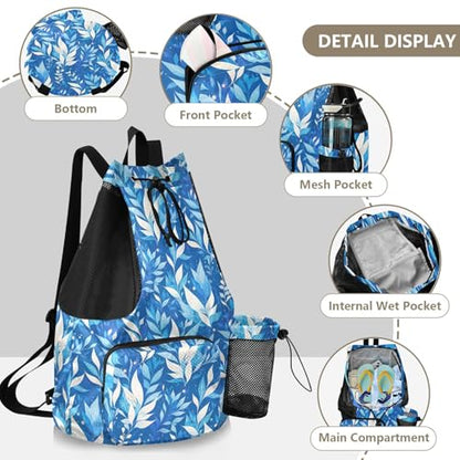 Yuiboo Light Blue Leaves Women Mens Drawstring Backpack Gym Sackpack with Water Bottle Pocket String Swim Bag Dry Wet Separation