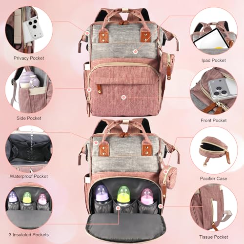 MosaiRudo Diaper Bag Backpack Baby Bag,Waterproof, Travel Diaper Bags with Pacifier Case for Baby Girl Boy Backpack for Women (Pink-Gray) - color: Pink-gray