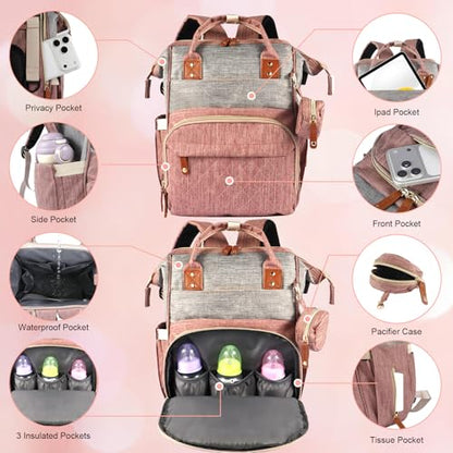 MosaiRudo Diaper Bag Backpack Baby Bag,Waterproof, Travel Diaper Bags with Pacifier Case for Baby Girl Boy Backpack for Women (Pink-Gray) - color: Pink-gray