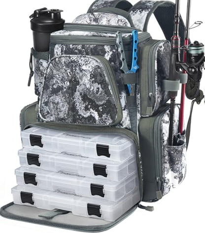 Piscifun Fishing Tackle Backpack with 2 Rod Holders, 4 Boxes & Rain Cover - color: VEIL Camouflage
