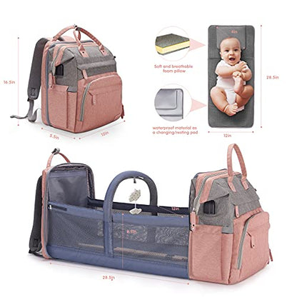 DERJUNSTAR Baby Diaper Bag Backpack with ChangingStation-Large Capacity Baby Bag for Boys & Girls, USBCharging Port, Pacifier Case, sunshade & Toy Bar,Waterproof, Baby Pink - color: Baby Pink