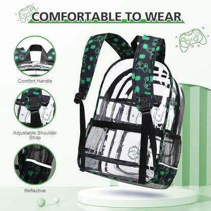 DIGOBAY 3PCS Cool Luminous Clear Backpack for Boys Kids, Gamer Clear Bookbag for School, See Through PVC Transparent Backpacks with Lunch Bag Pencil Case, Backpack Heavy Duty for School Stadium - color: Green