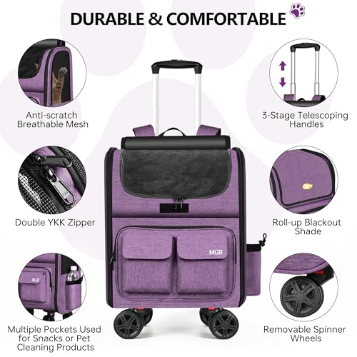 MGB Rolling Cat Carrier with Wheels: Dog Carrier for Small Dogs & Large Cats, Large Cat Carrier with YKK Zipper, Large Capacity, Breathable Mesh, Side Pocket, Purple (Not for Airline) - color: Purple