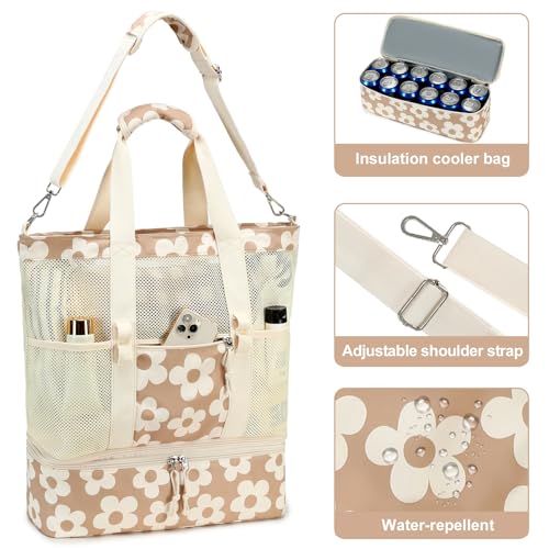 Bluboon Mesh Beach Tote Bag with Cooler Compartment Insulated Detachable Picnic Bag with Zipper and Pocket Pool Bag for Women - color: Flower 157 Green