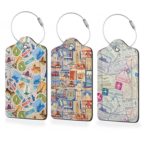 Set of 3 Luggage Tags,Travel Stamp Leather Suitcases Tag Identifiers with Privacy Name Address Labels & Durable Steel Loop for Women Men Travel - color: Travel Stamp