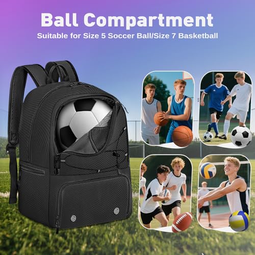 Soccer Backpack with Seperate Compartment, Water Resistant Sport Bags fit for Basketball, Volleyball, Football - color: Black 2.0
