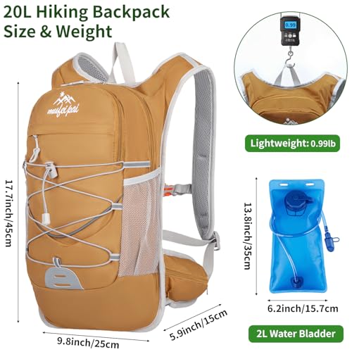 Hydration Backpack with 2L Water Bladder - 20L Water Backpack for Hiking, Cycling, Running, Biking, Lightweight Hiking Pack Bag for Women & Men with Trekking Pole Holders - color: yellow with 2L water bladder