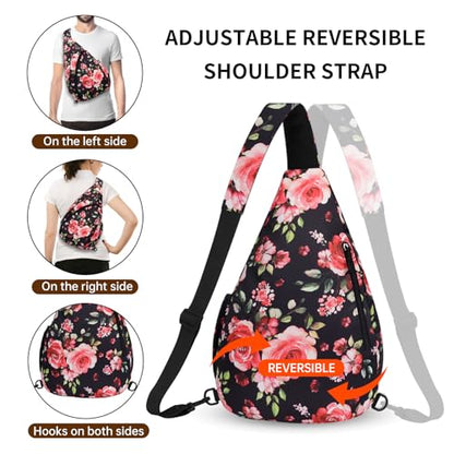 HUA ANGEL Crossbody Sling Bag for Men & Women Lightweight Waterproof Chest Shoulder Bag for Travel Hiking & Everyday Use - color: W-red Flower