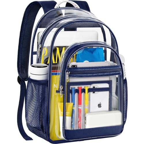 Clear Backpack for School - 17 inch Heavy Duty Transparent Bookbag for Boys and Girls, See Through Backpacks for Kids Elementary High School Students, Work - color: Navy