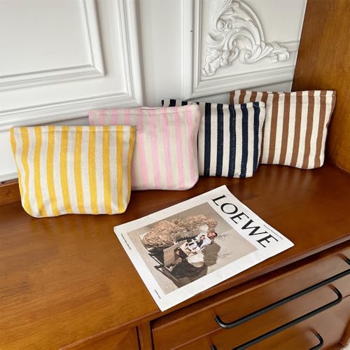 PAZIMIIK Makeup Bag Large Cotton Zipper Pouch for Purse Travel Canvas Make Up Organizer for Women Cosmetic,Stripe Yellow - color: Stripe Yellow