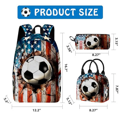3PCS Backpack for Girls Boys,Teens Flag Soccer Back to School Backpack with Lunch Box Pencil Case, 17 Inch Lightweight Students Backpack 3 in 1 Set for Elementary Middle High School - color: American Flag Soccer