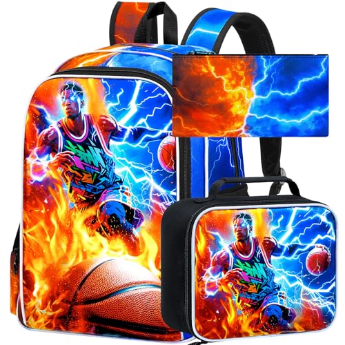 AGSDON 3PCS Boys Backpack for Boys, 17" Kids Bookbag with Lunch Box for Boy,Basketball Flame Thunder Backpacks Water Resistant and Lightweight for Teen - color: Basketball 01