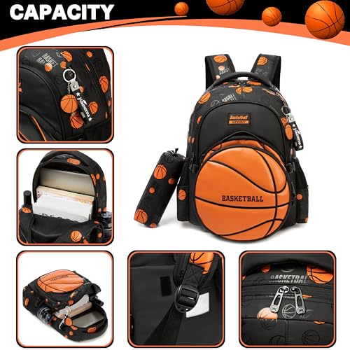 Boys' School Backpack with Lunch Box and Pencil Case - Ideal for Teens and Middle School Students, Orange Basketball - color: 08 Orange