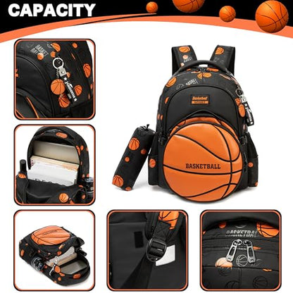 Boys' School Backpack with Lunch Box and Pencil Case - Ideal for Teens and Middle School Students, Orange Basketball - color: 08 Orange