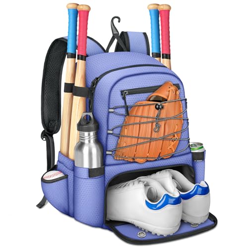 MATEIN Baseball Bat Bag for 4 Bats with Ball Pocket, Lightweight Youth Baseball Backpack with Shoe Compartment, Large Capacity Softball Equipment Bag with Fence Hook for TBall Gear, Helmet, Glove - color: Purple