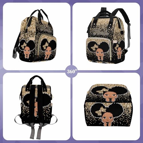 Newcos Personalized Golden Glitter Mommy Nursing Baby Bags Custom Afro Princess Diaper Bag Backpack with Name Customized Red Large Nappy Bags for Women - color: 230112-16