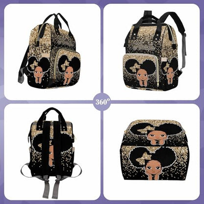 Newcos Personalized Golden Glitter Mommy Nursing Baby Bags Custom Afro Princess Diaper Bag Backpack with Name Customized Red Large Nappy Bags for Women - color: 230112-16