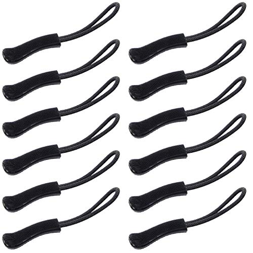 Wisdompro Zipper Pulls, Durable Zipper Pull Tab Replacement Zip Tab Tag Cord Extension Fixer Helper for Luggage, Jackets, Boots, Backpack, Purse, Handbags - Black, 12 Pcs
