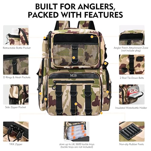 MGB 46L Fishing Tackle Backpack with 2 Rod Holders & YKK Zipper Storage Fishing Gear and Equipment, Gifts for Men Father - color: Brown Camo（without Tackle Box）