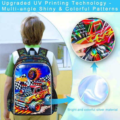 HPJGD 3PCS Truck Kids Backpack for Boys, Water Resistant Elementary Bookbag Set with Lunch Box, Cool School Bag for Preschool Toddler - Red Truck - color: Cool Uv Printed Bold Truck Red