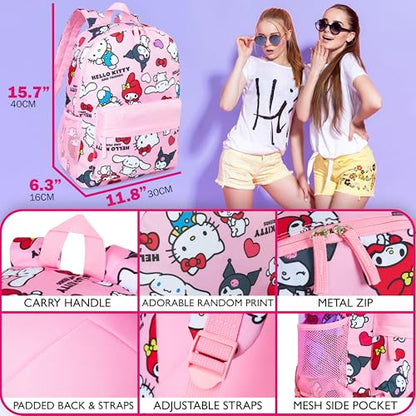 Hello Kitty Sanrio Backpack Kawaii Girls Backpacks with Pocket All Over Print Kuromi My Melody Cute Travel Bag Anime Gifts for Girls