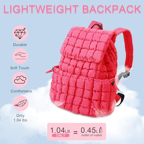 Quilted Puffer Backpack for Women, Lightweight Soft Nylon Quilted Hiker Pack Top Flap Drawstring Backpack, Trendy Puffy Padding Gym Travel Bag for Casual Daypack Hiking Sport (Rose Red) - color: Rose Red